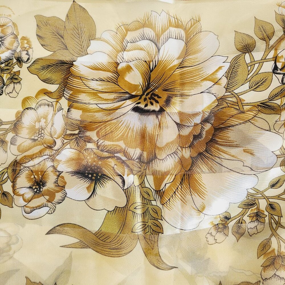 Vtg Floral Peony Satin Scarf Brown Border Lrg Square Lightweight Sheer Material - Picture 6 of 12